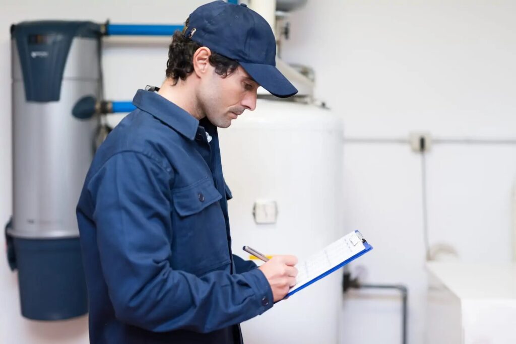 A plumber with a clipboard checking a new water heater installed in a Nebraska home