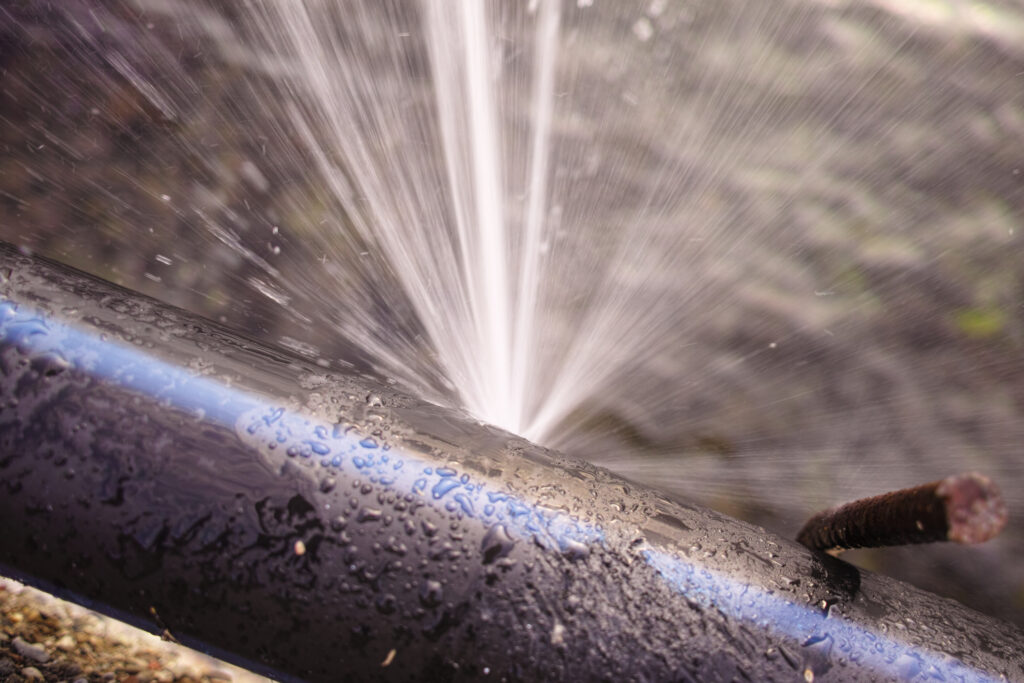 Burst pipe spraying water from the crack/break